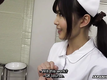 Shino Aoi, the killer Asian nurse, gives a sloppy blowage to a patient's battered gam in the physician's office